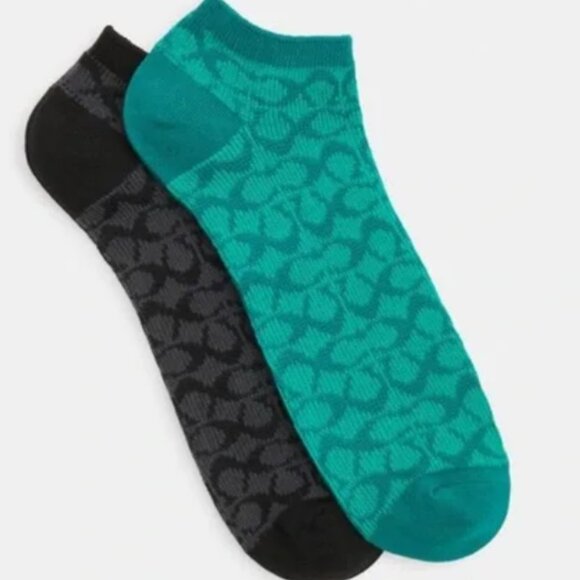 Coach Signature Ankle Socks Low Cut Set of 2 Bright Green & Black MEN or WOMEN - Picture 1 of 12